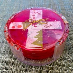 XMAS Handmade Festive Holiday Coaster Set and Holder Red
